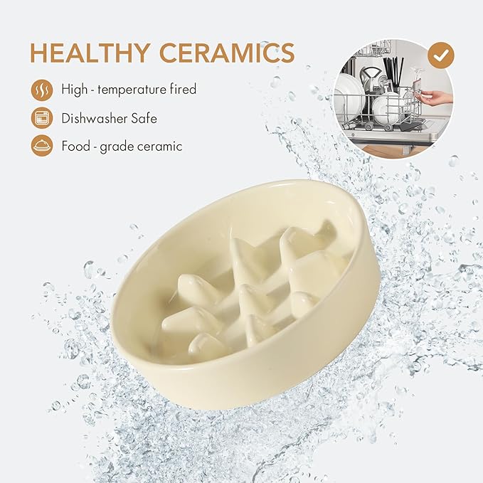 Ceramic 1.2 Cup Dog Raised Slow Feeder Set, Elevated Bowl