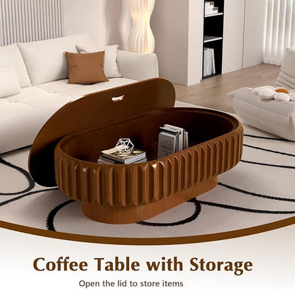 Oval Drum Coffee Table Fluted Coffee Table with Storage Center Table Pedestal End Table for Apartment (43.3in)