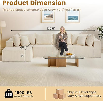 Oversize 131” Boneless Couch for Living Room, Comfort L Shaped Cloud Couch Sectional, Extra Deep Seats Corduroy Modular Sectional Sofa No Assembly,Beige