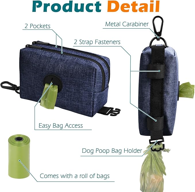 PetBonus Dog Poop Bag Holder, Portable Pet Waste Bag Dispenser, 2 Pouches for Treats and Walking Accessories, Fit All Leashes, Includes 1 Roll of Dog Poop Bags (Navy Blue)