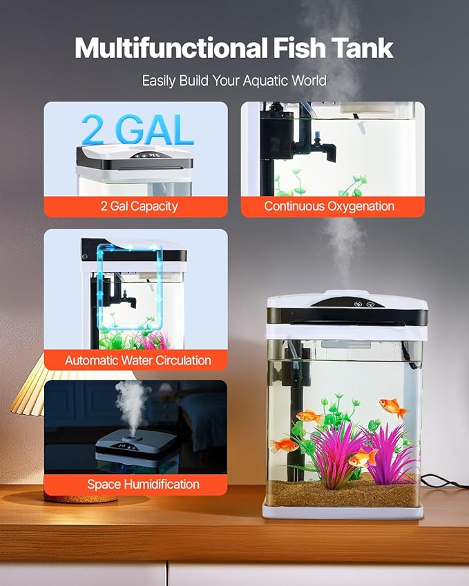 VEVOR Fish Tank Aquarium, 2 Gallon LED Square Ultra-Clear Glass Tank Temperature Monitoring Adjustable 7 Color Lighting, Self Cleaning System Fishbowl for Freshwater & Saltwater Fish Home,Office,Pet