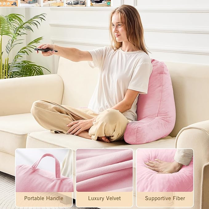 Sasttie Reading Pillow, Velvet Back Pillow for Bed Sitting Up, Adult Back-Rest Support Cushion with Arms for Sit Up on Couch, Sofa, and Floor, Dorm Essentials, Reading Accessories, Pink
