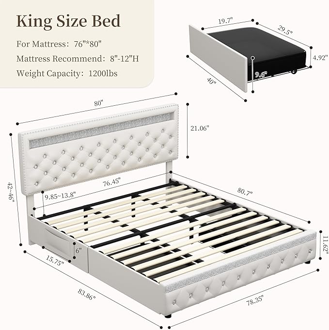 King Led Bed Frame with 2 Drawers, Heavy King Size Platform Bed Frame with Storage, Upholstered Bed Frames with Adjustable Headboard, Noise Free, Easy Assembly, No Box Spring Needed, PU White