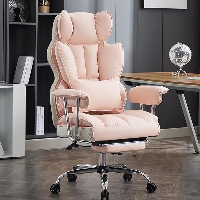 Efomao Big and Tall Office Chair 400LBS, Heavy Duty Executive Office Chair with Foot Rest, Home Office Desk Chairs, Pink Big Tall Computer Chair
