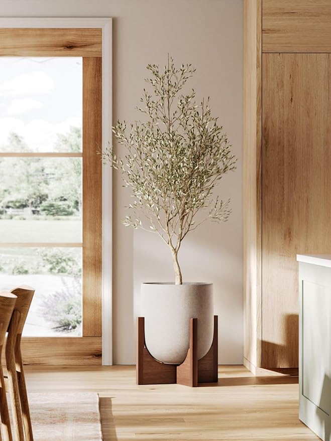 LE TAUCI 10 Inch Planter with Acacia Wood Stand, Ceramic Planters for Indoor Plants, Unique Plant Pots Indoor for Home Decor, Cylinder Pots for Plants with Drainage Hole and Plug, Neutral Gray