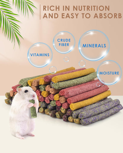 Bissap 72 PCS Rabbit Chew Sticks, Natural Timothy Hay Pumpkin Sugar Beet Carrot Strawberry Rose Dahlberg Daisy Forget-me-not Flower Treat for Bunny Chinchilla Guinea Pig Hamster Small Pet Molar Snack