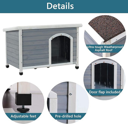Petsfit Large Dog House, Wooden Outdoor Dog Kennel w/Hinged Roof, Weatherproof Dog Houses for Small Dogs Outside w/Adjustable Foot Pads, 33.7" L X 22.6" W X 23" H, Grey