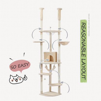 PEQULTI Floor to Ceiling Cat Tree 92.9’’-101.6’’ Height Adjustable Cat Tower Tall Kitty Climbing Play House with Scratching Posts, Cozy Condo, Perches and Large Hammock for Indoor Cats Beige