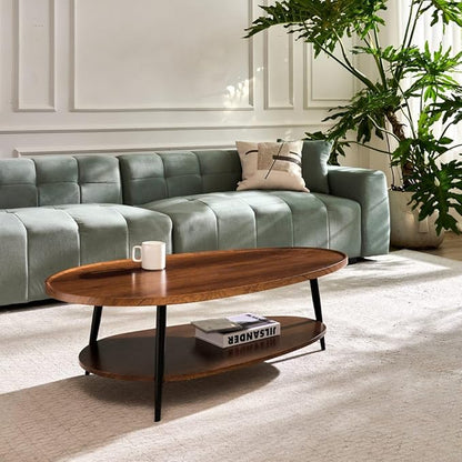 AGV Oval Coffee Table with Storage Shelf, 47" Mid Century Modern Coffee Table for Living Room, Walnut Wood Finish MDF Top with Black Metal Legs