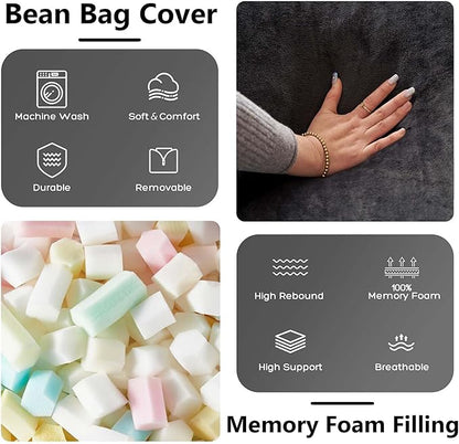 5FT oversized bean bag chairs for adults bean bag with filler included memory foam bean bag Soft and comfortable giant bean bags, living room furniture, suitable for bedroom dorm balcony chairs(Black)