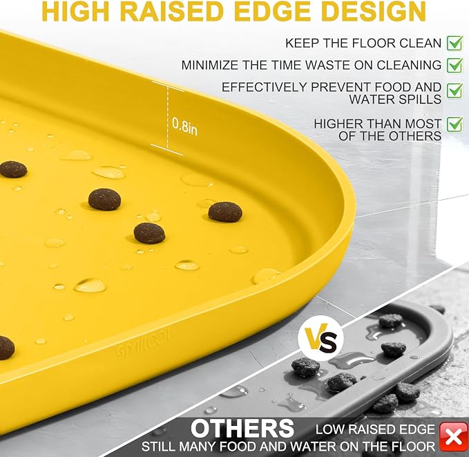 SMILOOL Waterproof Silicone Pet Food Mat with Raised Edge for Dog & Cat | 24" x 16" Non-Slip Pet Feeding Mats with Lip for Food & Water Bowl, Food Grade, Easy Cleaning, Vivid Yellow