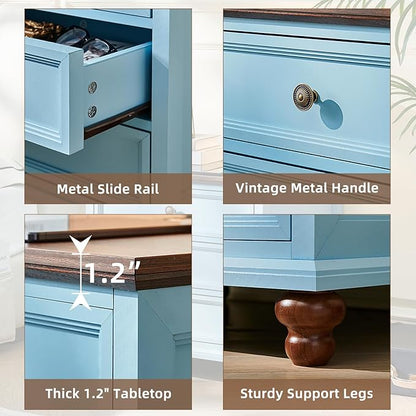 Farmhouse Furniture Sets, 24" Wide Farmhouse Nightstand Set of 2, 37" Tall Rustic Chests of Drawers w/ 4 Solid Wood Feet for Bedroom, LightBlue