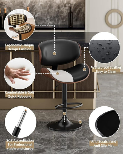 Aowos Bar Stools Set of 4, Adjustable Swivel Bar Stools Mid-Century Modern PU Leather Counter Height Bar Stool for Kitchen Island Bar Chairs with Back (Black)