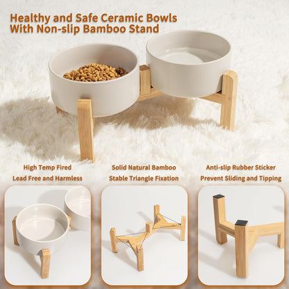 Elevated Ceramic Dog Bowl Set - Raised Dog Bowls with Non-Slip Bamboo Stand - Dog Food and Water Bowl Set - Double Dog Feeding Bowls - Suitable for Small and Medium Dogs - 28.74 OZ - 3.6 CUPS - 850 ML