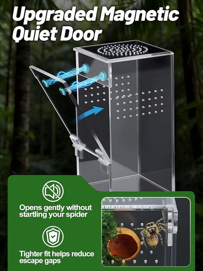 Escape Proof Jumping Spider Enclosure Kit - 3x3x6in Pre-Assembled Acrylic Terrarium with Magnetic Door/Micro Vent Holes/Accessories, Insects Habitat for Spiderlings, Mantis, Tarantulas, Snails