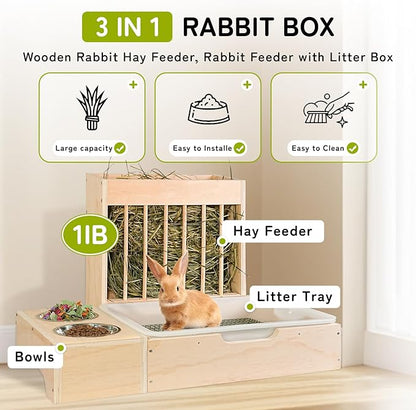3 in 1 Extra Large Rabbit Hay Feeder with Litter Box, Wooden Bunny Toilet, for Large and Medium-Sized Dwarf Rabbit, Other Animals