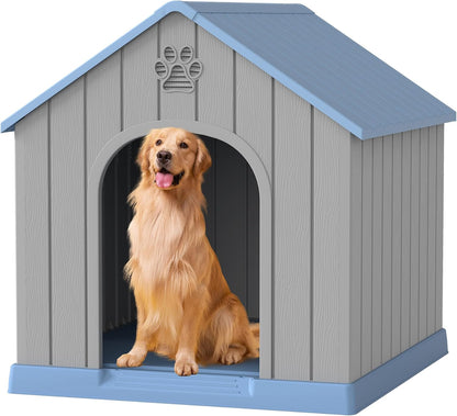 Large Outdoor Plastic Dog House - Indoor Outdoor Use for Medium & Large Dogs, Durable Waterproof Doghouse with Air Vents, Elevated Floor, Easy to Clean & Assemble(Blue2, 36.2''L×38''W×38''H)