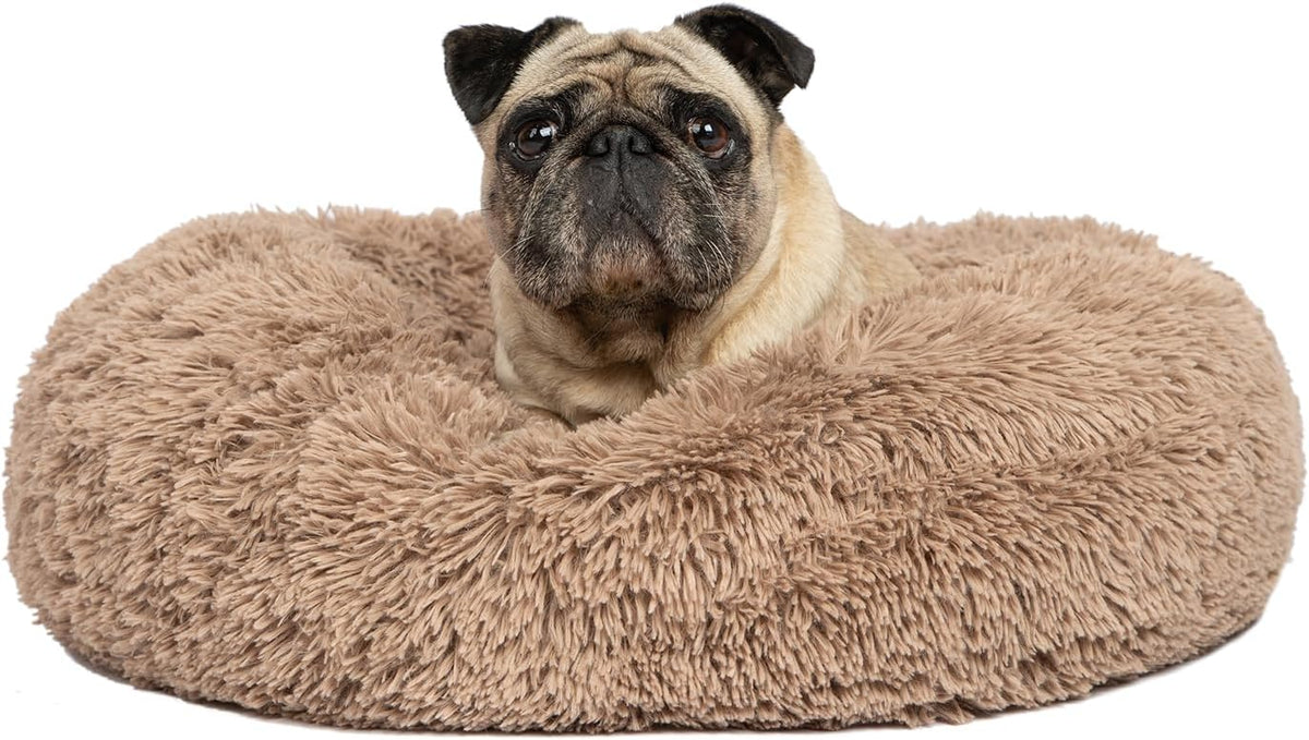 Best Pet Supplies Round Donut Dog Bed with Plush Faux Fur Fabric, Calming, Anti-Anxiety Cushion for Indoor Pets, Slip-Resistant Base, Soft Ergonomic Support - Caramel, 30x30x8''