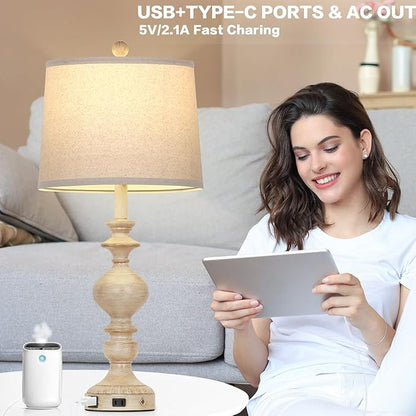 28" Farmhouse Table Lamps Set of 2, Rustic Lamp for Living Room with USB C+A Ports & AC Outlet, 3 Way Touch Control Resin Bedside Lamps, Retro Bedroom Lamp for Nightstand Side End Table Desk, Beige