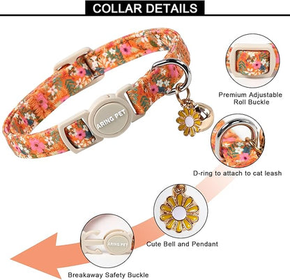 ARING PET 2 Pack Cat Collars, Breakaway Cotton Fall Halloween Kitten Collar with Bells for Girl Boy Cats Floral & Orange Plaid