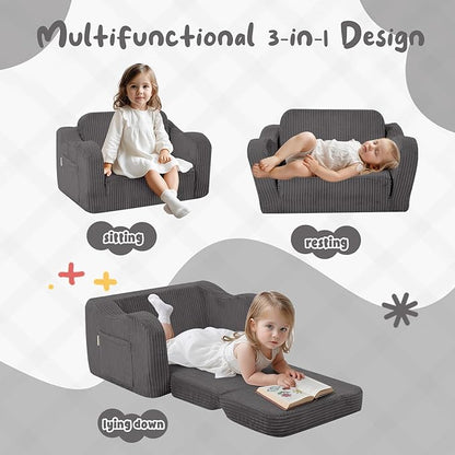 MeMoreCool Toddler Chair Comfy for 1-3 Years Old, Corduroy Kids Couch Bed Fold Out, 2-in-1 Foldable Baby Lounge Chair, Pull Out Children Sofa Bed, Dark Grey