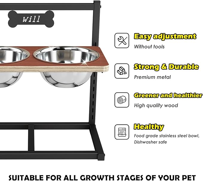 Elevated Dog Bowls with Slow Feeder - 9 Heights Adjustable Raised Dog Bowl Stand with Two 1.7L Stainless Steel Pet Food Bowls & Slow Feeder, Perfect for Medium Large Sized Dogs and Cats