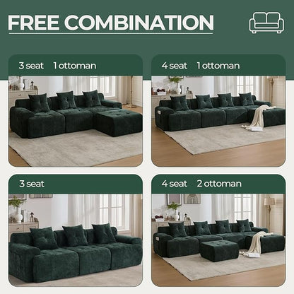 YAAREE 129.23”Modular Sectional Couch for Living Room, Modren L-Shape Cloud Sectional 4-Seater Sofa with Movable Ottoman, Woven Texture Upholstery Boneless Couch, No Assembly, Green