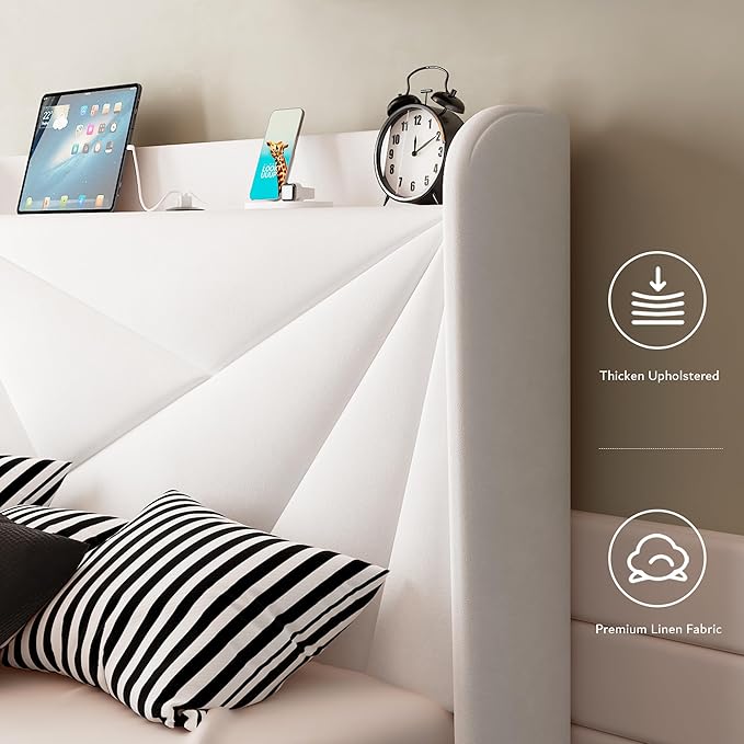 iPormis Twin Size Bed Frame with Charging Station, Velvet Platform Bed Frame with Wingback Headboard Upholstered Bedframe, Solid Wood Slats Support, No Box Spring Needed, Easy Assembly, White