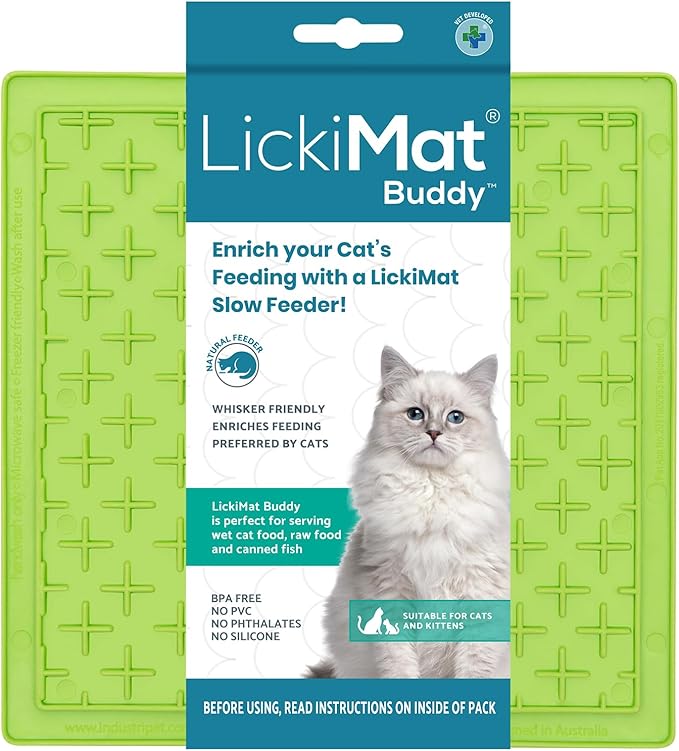 LickiMat Classic Buddy, Cat Slow Feeder Lick Mat, Boredom Anxiety Reducer; Perfect for Food, Treats, Yogurt, or Peanut Butter. Fun Alternative to a Slow Feed Cat Bowl or Dish, Green