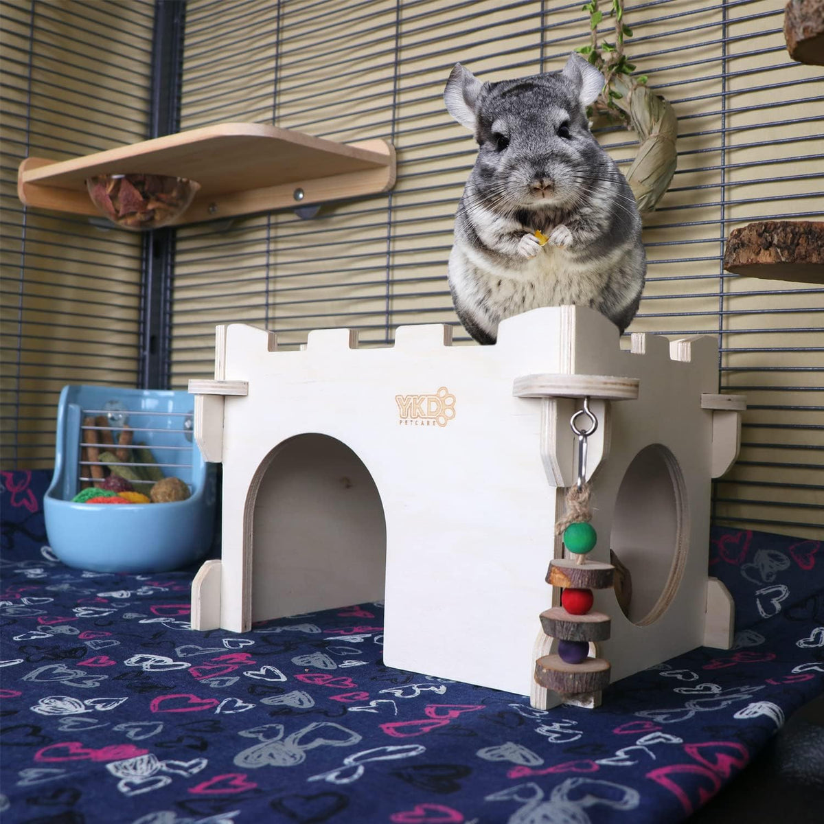 YKD Castle Chinchilla House - Small Animal Hideout for Chinchilla Guinea Pig Hedgehog, or Rat - Ventilated Wooden Guinea Pig Hut Habitat with Multiple Doors (Medium)