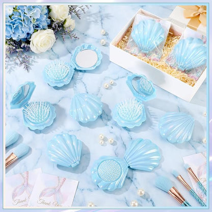 LemonRoad 24 Sets Mermaid Party Favors Shell Hair Brush with Mirror Card, Foldable Mini Travel Compact Hair Brush for Women Birthday, Bachelorette, Under The Sea, Beach Party Gifts(Blue)