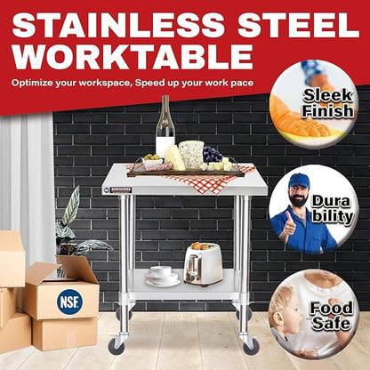 DuraSteel 30x24 NSF Stainless Steel Cart Work Table - Heavy Duty Rolling Food Prep Table - Metal Utility Cart on Wheels Caster, Grill Stand Microwave Outdoor Kitchen Tables Countertop Island Large Top