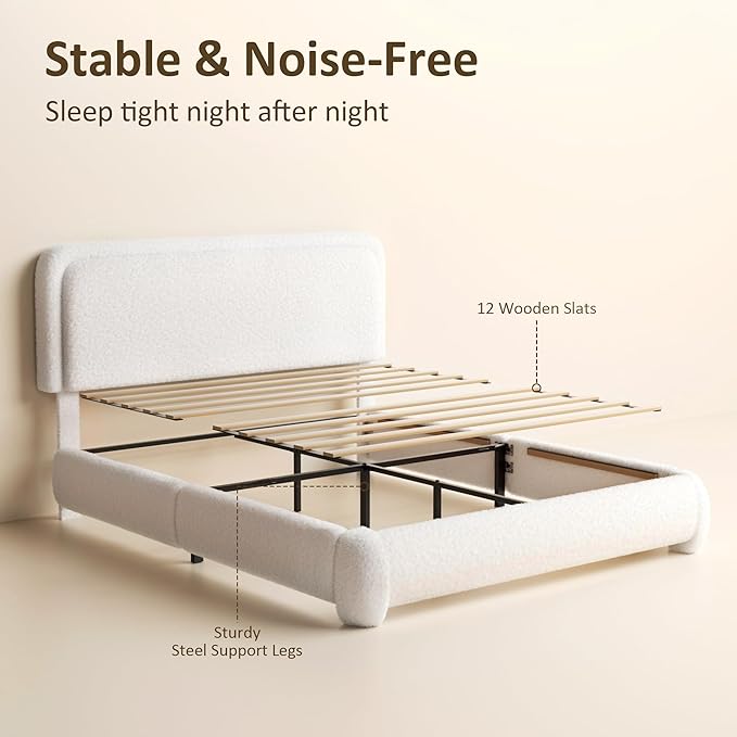 Queen Bed Frame, Teddy Velvet Boucle Bed Frame with 43.3"/45.3" Adjustable Upholstered Headboard, Rounded Corners, Mattress Foundation, No Box Spring Required, White