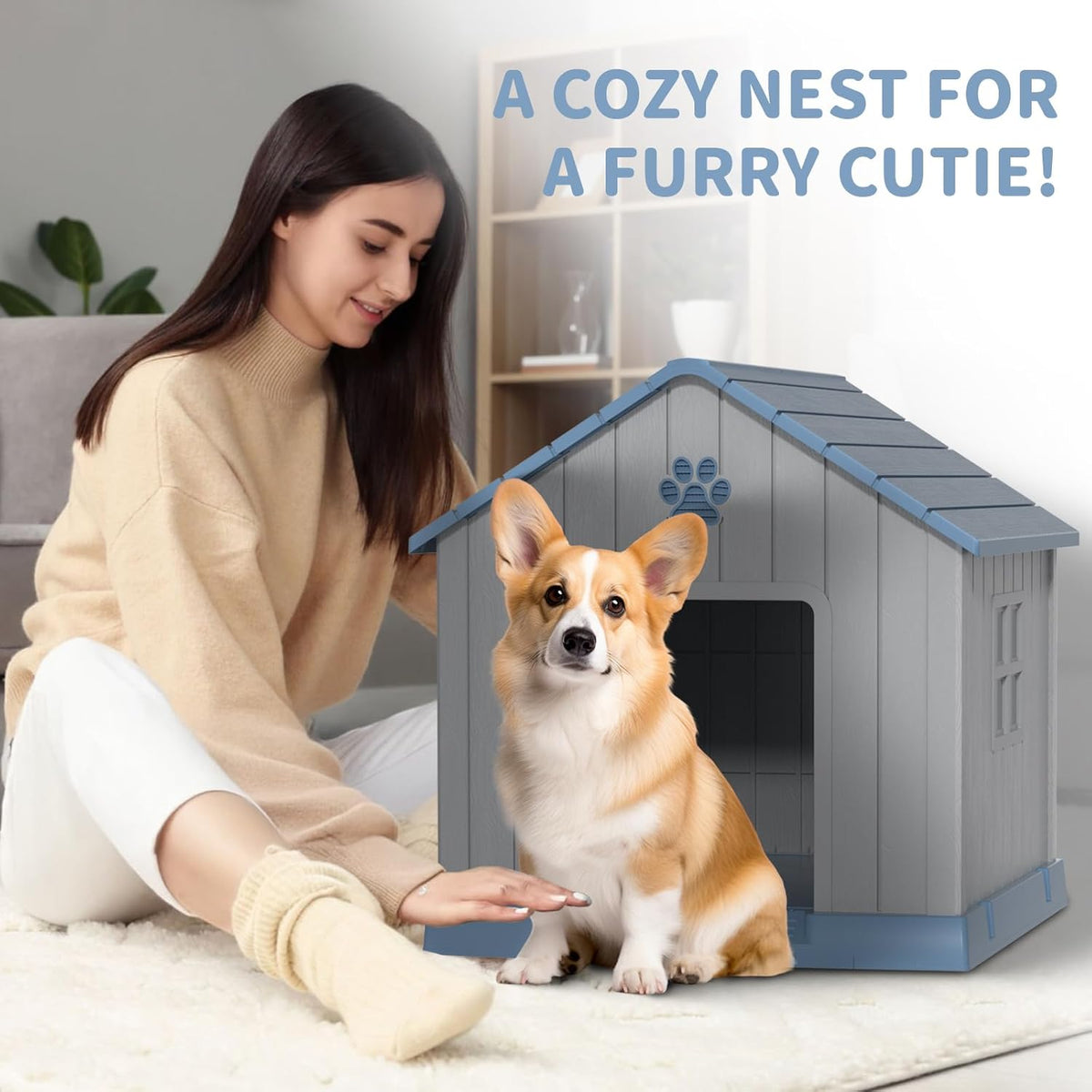 DRATO Dog House Indoor Outdoor for Small to Large Sized Dogs Indoor Outdoor Doghouse Puppy Shelter with Elevated Floor, Easy to Assemble (Blue, 31Inch(31.18 * 33.7 * 32.52))