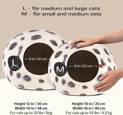 MEOWFIA Cat Cave – Premium Felt Cat Bed for Indoor Cats, Handmade 100% Merino Wool (Large, Snow Leopard)