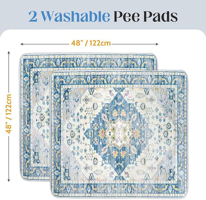 Washable Pee Pads for Dogs, 2 Pack Reusable Puppy Training Pads 48"x48" Super Absorbent Waterproof Dog Training Pads, Non-Slip Potty Pads, Whelping Pads Litter Mat Blue Medallion
