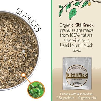 KittiKrack Rock Organic Silvervine Catnip Substitute for Cats & Kittens | All-Natural Wild Harvested Silvervine Granules | 4 Refills for TWINCRITTERS Refillable Plush Cat Toys | 10g