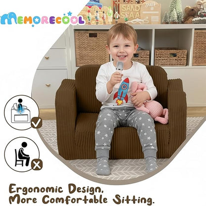 MeMoreCool Toddler Lounge & Sofa Bed Chair – Corduroy, Brown, Ages 1‑3 | 2‑in‑1 Fold‑Out Kids Couch & Pull‑Out Recliner for Playtime, Nap Time & Lounging