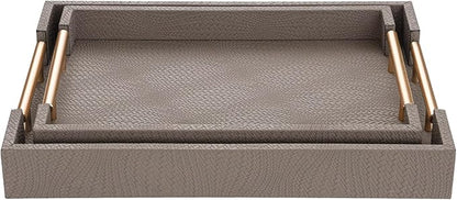 2 Piece Woven Leather Ottoman Tray with Gold Handles, Perfect Rectangular Serving Tray for Living Room, Coffee Table Tray as Thoughtful Gift for Home Decor Enthusiasts (Coffee Brown)