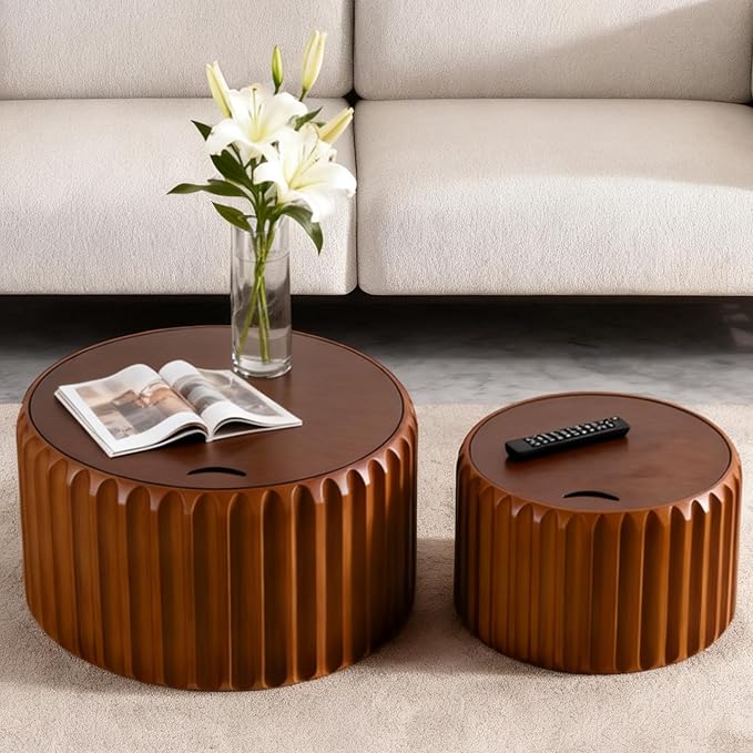 Round Nesting Coffee Table Set of 2, Round Fluted Coffee Tables with Storage for Living Room Modern Nesting End Side Tables for Small Spaces (A Storage Walnut)