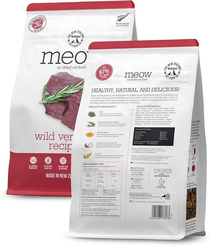 The New Zealand Natural Pet Food Co Meow Air Dried Cat Food - Venison Recipe, High Protein Dry Food Use as a Complete Diet, Topper, Mixer, or as Cat Training Treats, All Life Stages, 26.5 oz