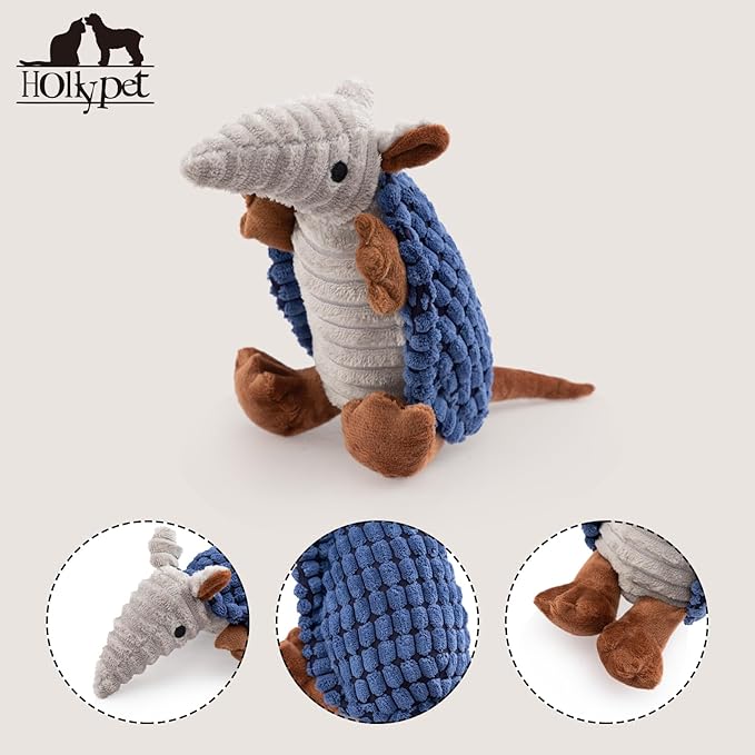 Hollypet Plush Dog Squeaky Toy Stuffed Armadillo Animal Pet Puppy Chew Toys with Clean Teeth for Small Medium Large All Breed Sizes Dogs, Dark Blue, 8 in