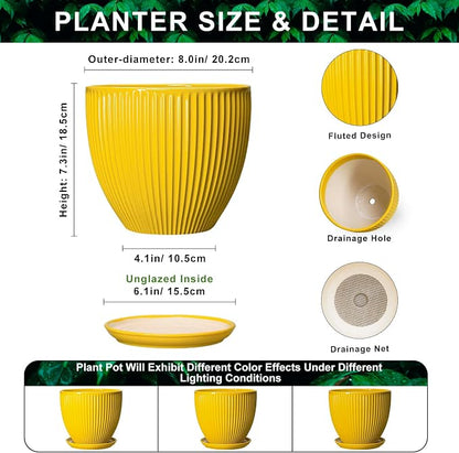 8 Inch Pots for Plants, Ceramic Plant Pots for Indoor Plants, Round Ceramic Planter with Drainage Hole and Saucer, Modern Decorative Plant Pot, Home Kitchen Decor, Women Men Gifts, Yellow