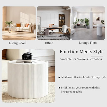 White Round Coffee Table with Sintered Stone Tabletop, 17.71" Drum Coffee Table with Fluted PU Leather Covered and Stable Base, Circle Cocktail Tea Table for Living Room