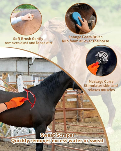 Horse Grooming Kit 13 Piece, Complete Horse Brushes & Grooming Supplies Set with Organizer Bag, Curry Comb, Hoof Brush, Bath Brushes & Accessories for Horse Care