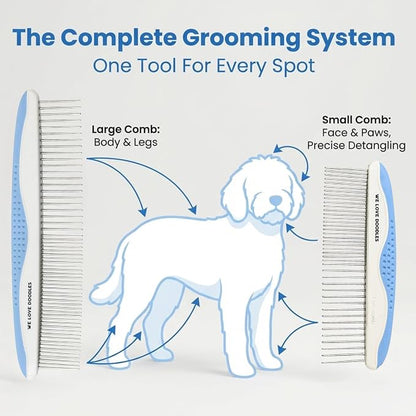 We Love Doodles Small Dog Grooming Comb & Large Dog Slicker Brush Bundle - Grooming Comb & Mini Slicker Brush for Small Puppy Kit - Removes Tangles & for Dematting - Made in USA
