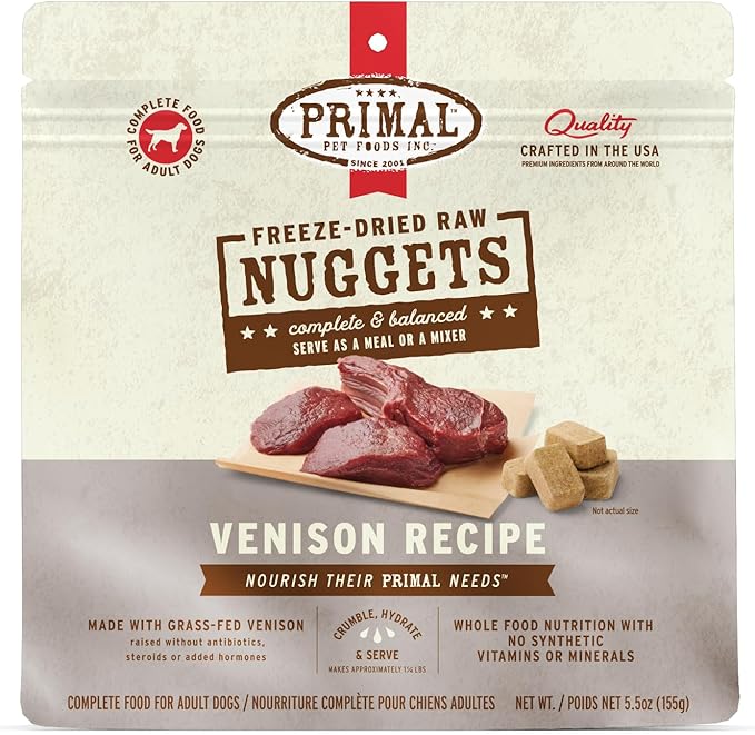 Primal Freeze Dried Raw Dog Food Nuggets, Venison, Complete & Balanced Meal, Also Use as Topper or Treat, Premium, Healthy, Grain Free, High Protein Raw Dog Food, 5.5 oz