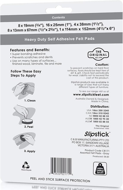 Slipstick Premium Wool Felt Furniture Pads/Floor Protector Variety Pack (37 Pieces) Self Stick Furniture Felt Protection Pads, Safe on All Hard Surfaces, Gray, CB171