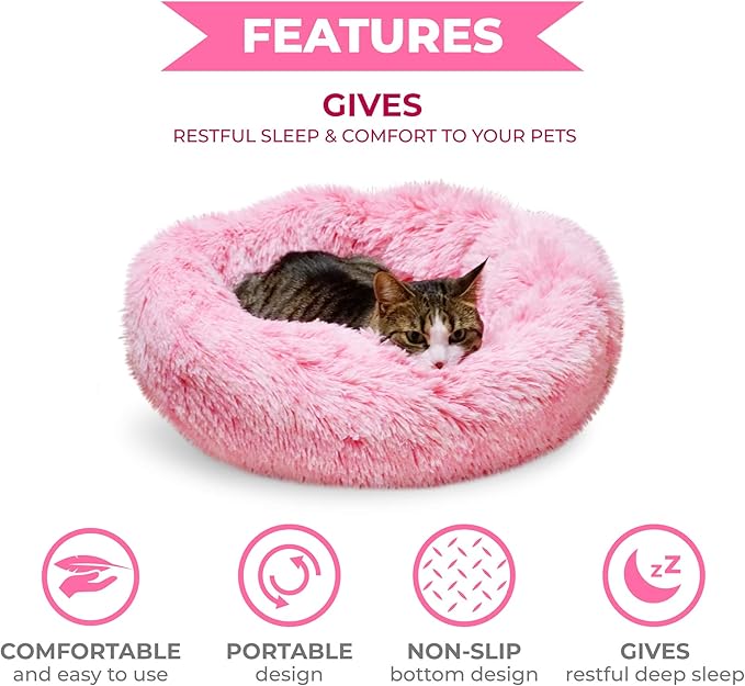 Whiskers & Friends Cat Beds for Indoor Cats Washable, Orthopedic Soft Fluffy Round Calming Pet Bed for Small to Large Kitty Kittens & Dogs, Small Dog Beds & Furniture