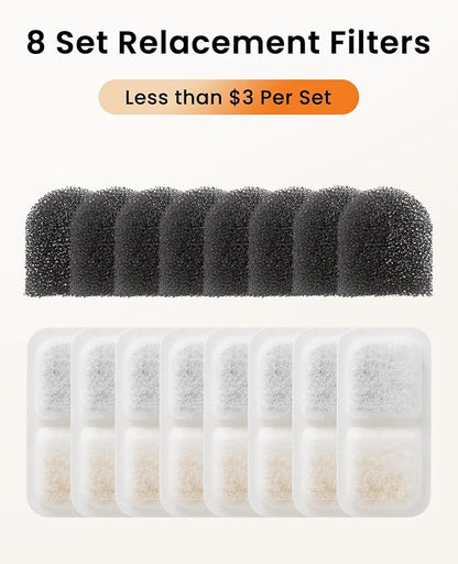 oneisall 8 Replacement Filters for 2.2L 3.2L Cordless Cat Fountain | 5-Layer Filtration,4 Months Set Replacement Filters and Sponges, White 8 Count (Pack of 1)